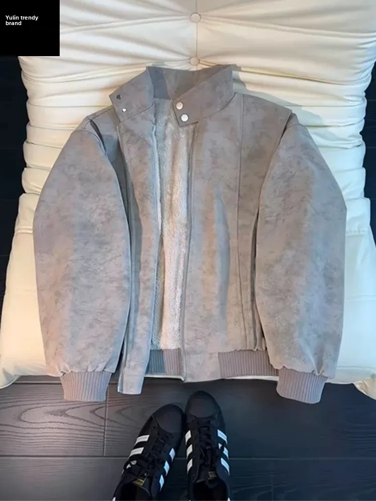 

Мужская зимняя куртка из искусственной кожи с эффектом ретро, с начесом из овечьей шерсти, теплая, с деконструктированным воротником-стойкой, хлопковая...