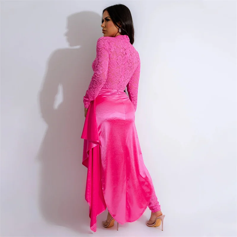 بذلة نسائية مثيرة من الدانتيل المزهر مع تنورة تراكب ، رومبير لحفلات ليلية نحيف ، أفرول للنادي مطاطي ، وزرة للهذيان ، وزرة واحدة