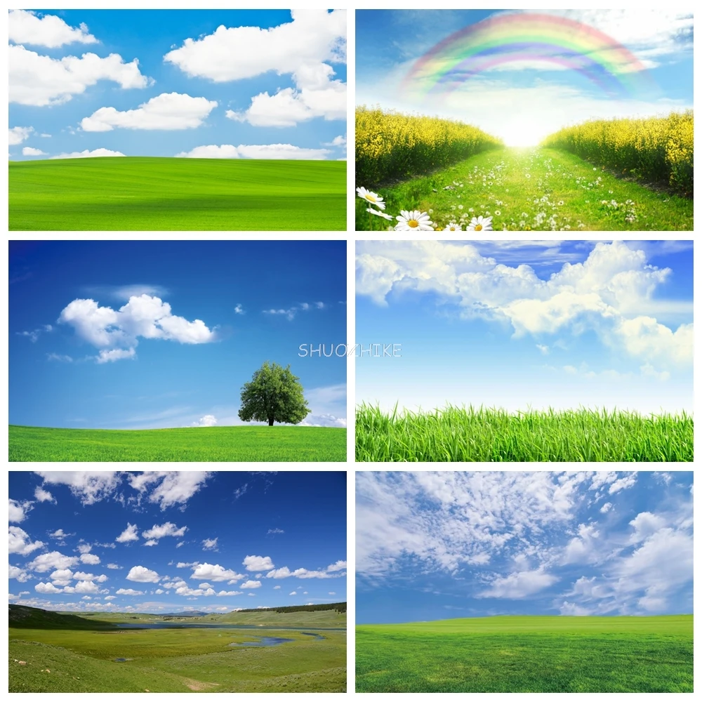 

Green Grass Lawn Blue Sky Cloudy Spring Natural Scenic Photography Backdrops Photo Backgrounds For Photo Studio