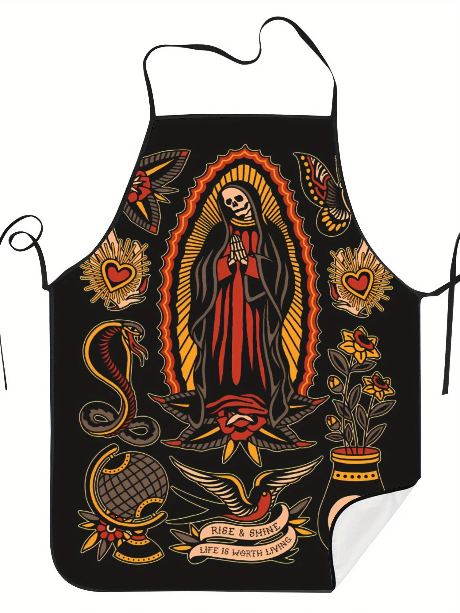 Retro Tattoo Design Apron - Skull & Floral Print with 