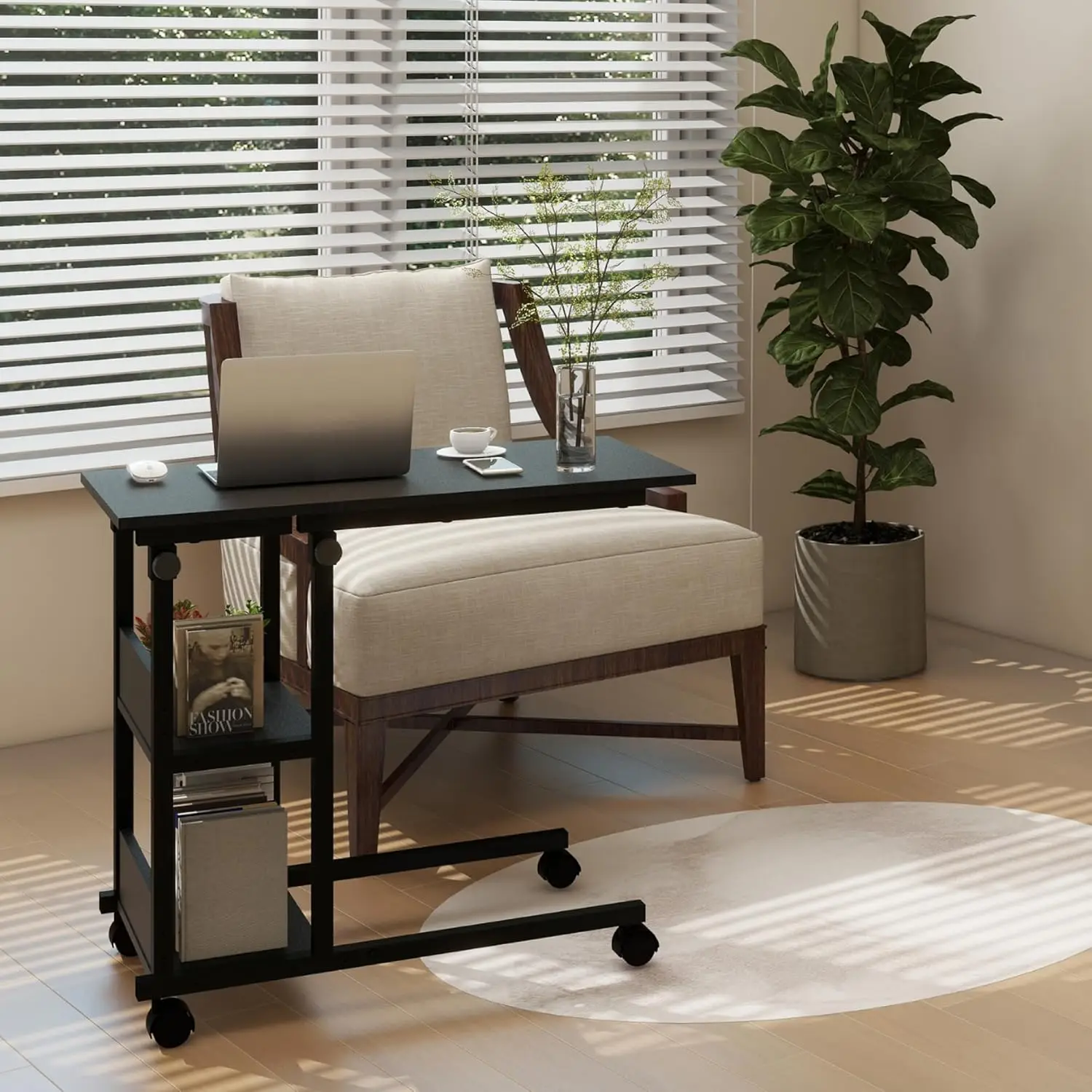 Adjustable C Table with Wheels, Mobile Snack Side End Table Sofa Couch Bedside Table Laptop Rolling Cart