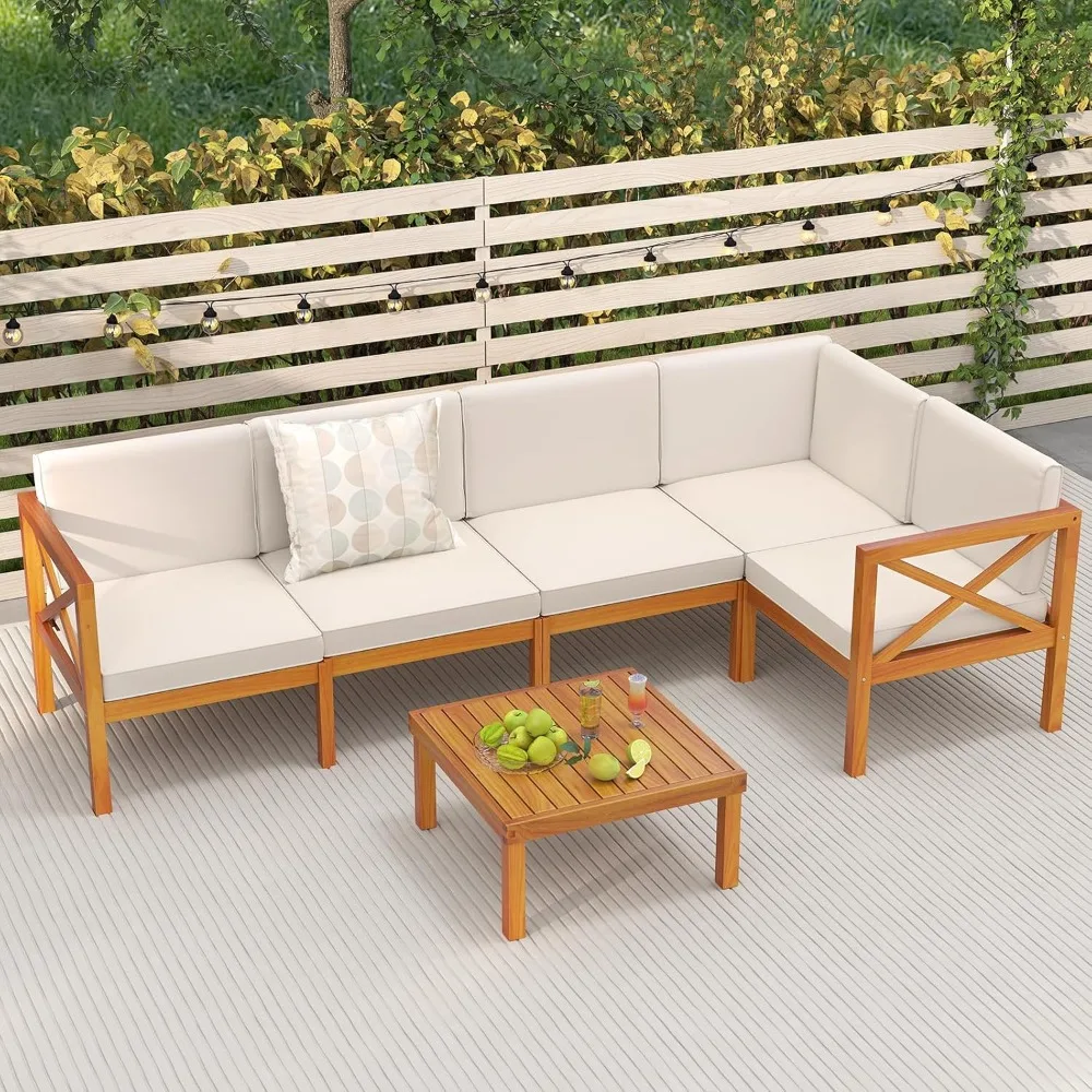 Outdoor Sectional Conversation Set with Cushions and Coffee Table, L Shaped Corner Sofa Set for Garden,  Poolside and Backyard