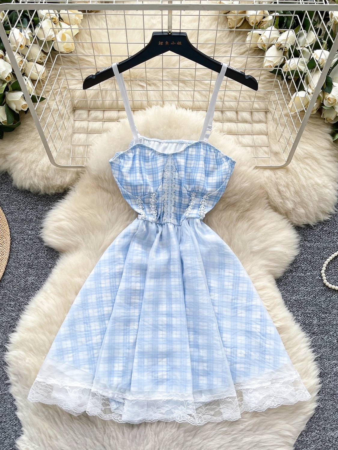 ドーパミン純粋な欲望チェック柄ストラップレスレース背中の開いたサマードレス女性のメッシュスカートハイウエスト A ラインショートドレス韓国スタイル