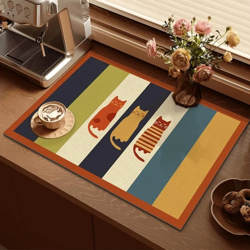 

Modern Retro Artistic Print Draining Mat Cute Cat Pattern Draining Mat Non-Slip Heat Resistant Kitchen Countertop Decor
