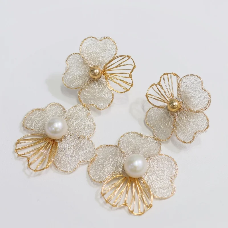 

SGARlT Fine Jewelry Original Design Handmade Jewelry 14k Filled Gold Freshwater Round Pearl Dangle Earrings With Double Flower