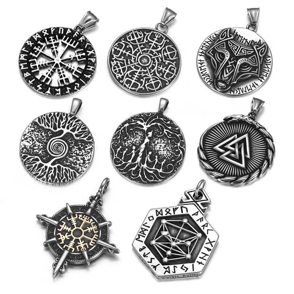 316L Stainless Steel Norse Viking Rune Wolf Pendant Round Shape for Men Necklace DIY Accessories Finding Jewelry Making Charm