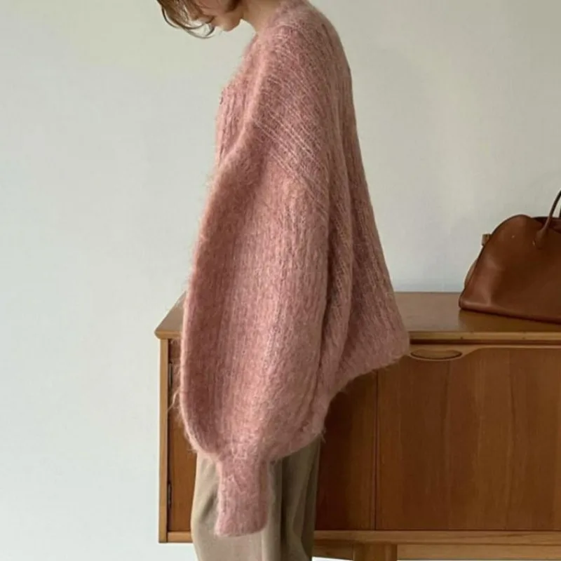 Spring Winter Warm Womens Clothing Long Sleeve Cardigans Femme Mohair Sweater O Neck Ropa Mujer Stick Needle Knitwears Tops