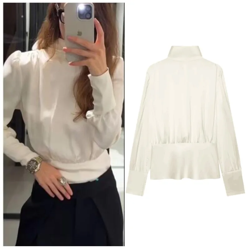 

Women Silk Texture Bow Decoration Backless Shirt Autumn High Neck Long Sleeved Shirts Casual Chic Female Blouses