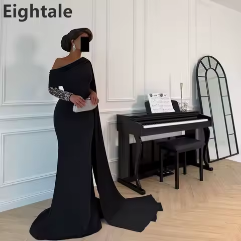 Eightale Customized Black Cape Evening Dress One Shoulder Mermaid Prom Party Dresses Women Dubai Formal Gowns Customize