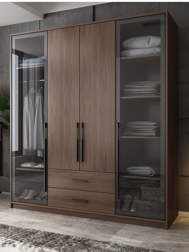 

Nordic household simple bedroom glass door wardrobe modern light luxury assembly walnut color wardrobe storage cabinet