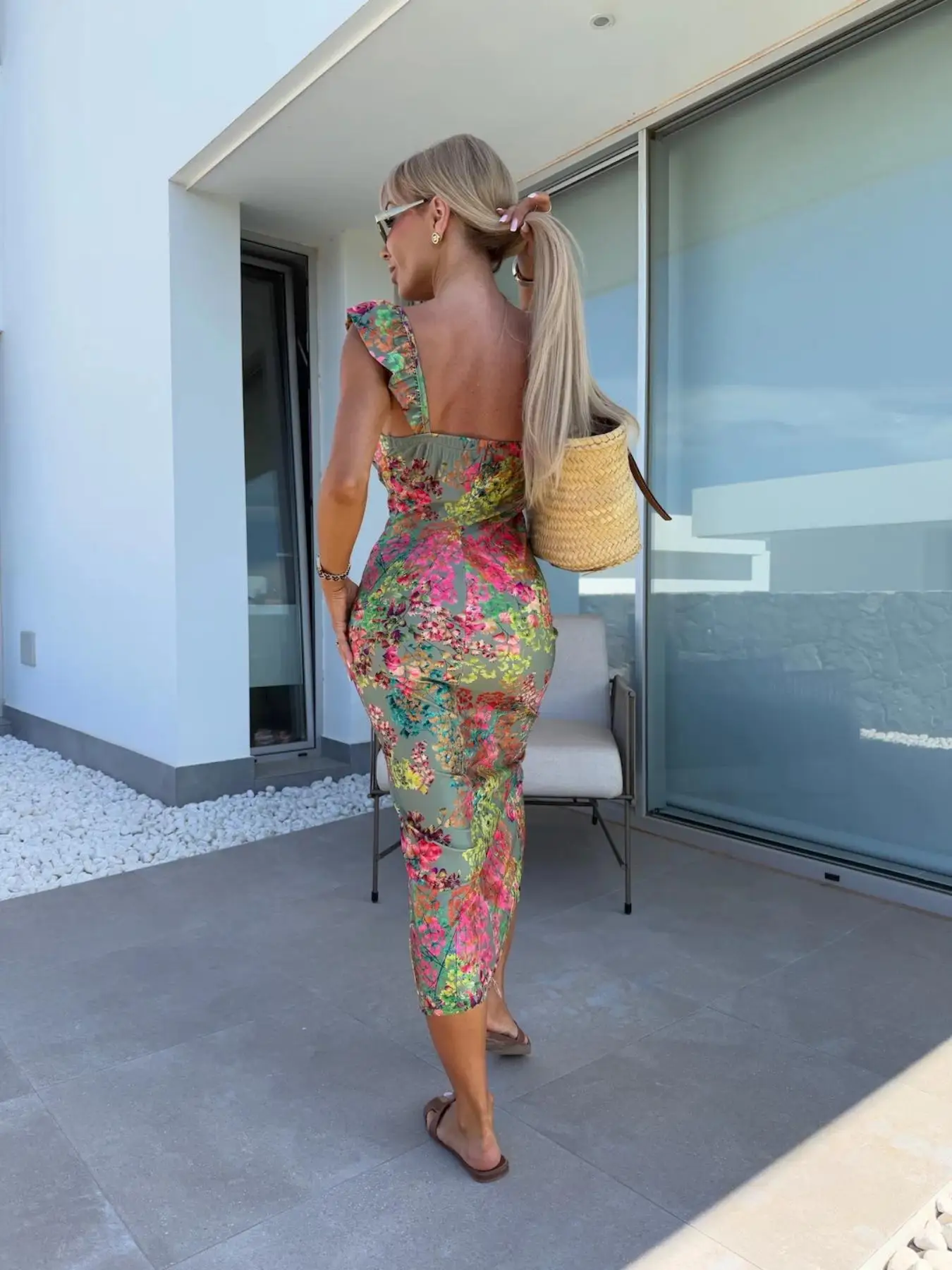 Nieuwe Europese en Amerikaanse zomer elegant ontwerp Franse bloem jarretel split midi-lengte damesjurk