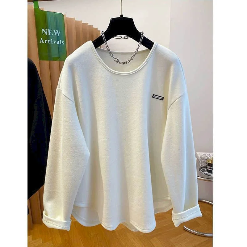 

Plush T-shirts for Women O-neck Tees Oversized Casual Niche Artistic Korean Style Long Sleeved Aesthetic Vintage Clothes Trend