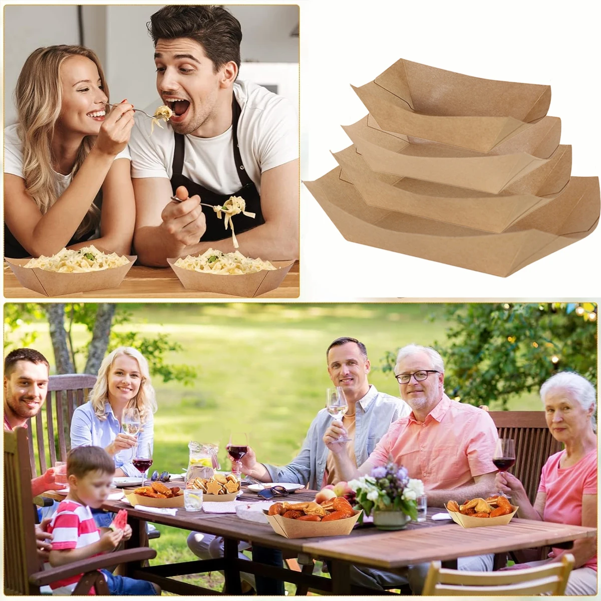 50Pcs Disposable Food Tray Kraft Brown Paper Food Boats Snack Serving Holder PlateTrays for Fries Festivals Party Supplies