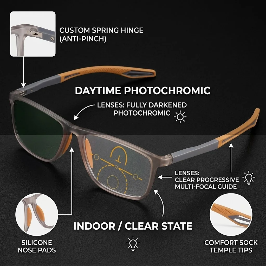 Unisex Eckige Lesebrille mit Gleitsichtgläsern, photochromatisch, individuell anpassbar, Federscharnier, bequem zu tragen, klare Gläser