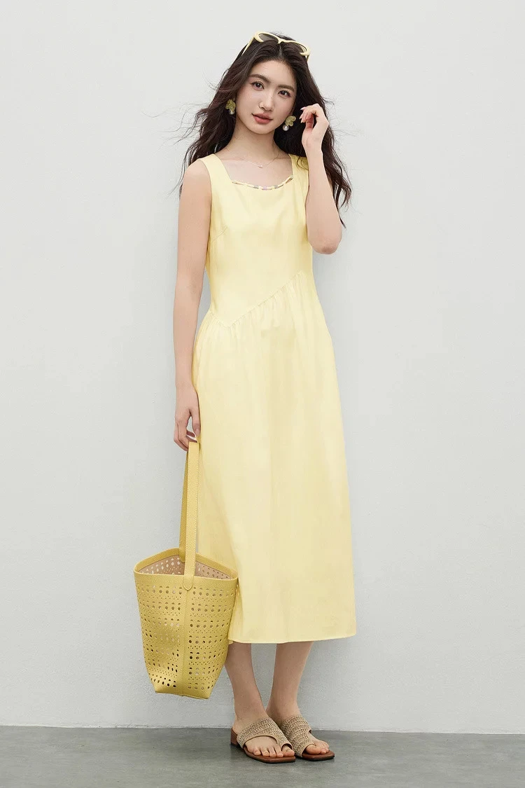 SENTUBILA Damen Ärmelloses Midikleid 2026 Sommer Elegantes Minimalistisches Ausgeschnittenes Perlenbesetztes Kleid mit Quadratischem Ausschnitt und Plissee-A-Linie 162LP6225 – Detail 14