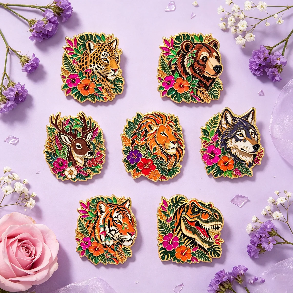 8pcs Jungle Wild Animal Enamel Pin Set Cool Tiger Dinosaur Brooches Woman Men Backpack Accessories Bags Badge Lapel Jewelry Gift view 3