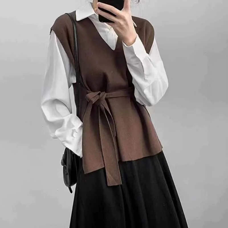 

Винтажный вязаный жилет на шнуровке во французском стиле, женский осенне-зимний модный верх, трикотаж без рукавов с v-образным вырезом, элегантный жилет