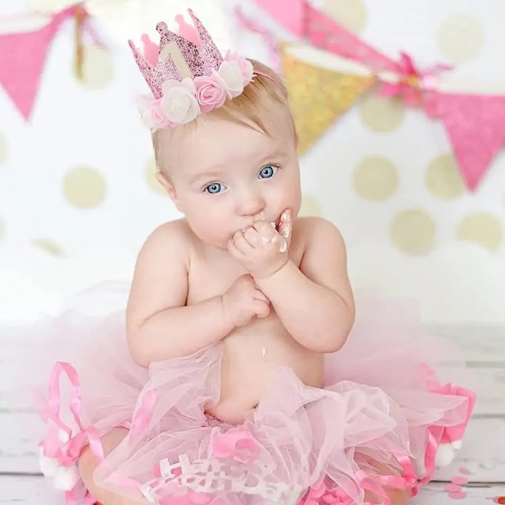 Pink White Rose 1 Year Old Crown Hat Happy Princess Birthday Party Decor Kid Baby Girl 1st Hat One Year Birthday Photo Props Hat