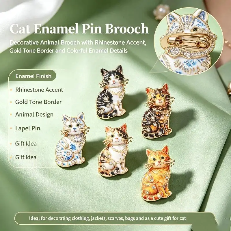 1Pcs Adorable Kitty Cat Brooches Rhinestone Sitting Kitten Animal Brooch Pin