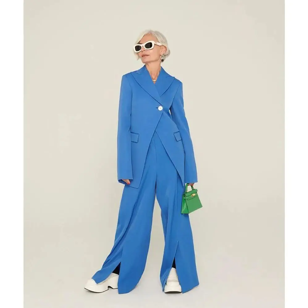 Chic Blue Women Pants Set High-end Single Button Female Two Pieces(Blazer+Trousers)ropa de mujer ofertas