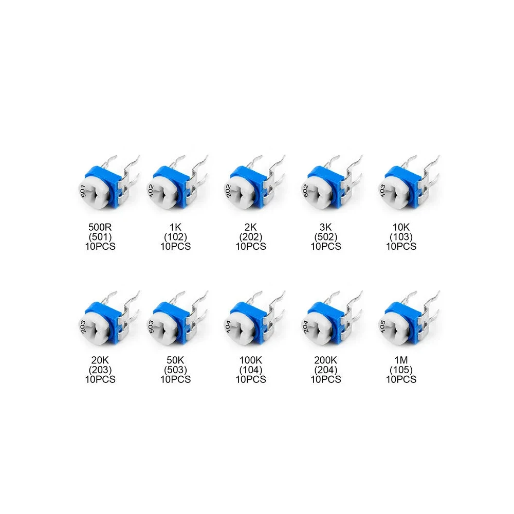 100Pcs 10 Values RM065 Blue White Adjustable Resistor 6mm Trim Potentiometer Assortment Kit with Storage Box