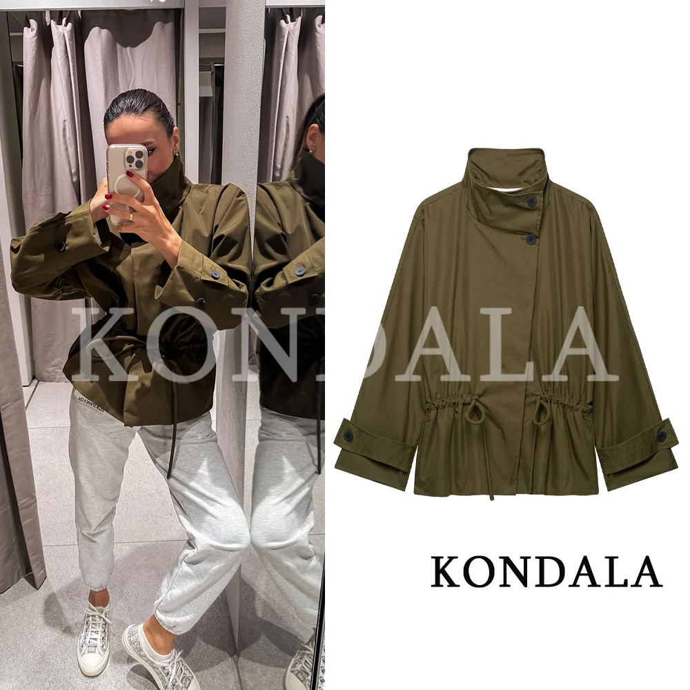 KONDALA Women Casual Stand-Collar Drawstring-Waist Jacket 2026 Fall Trendy High Street Vintage Coat Elegant Commute Chic Jacket