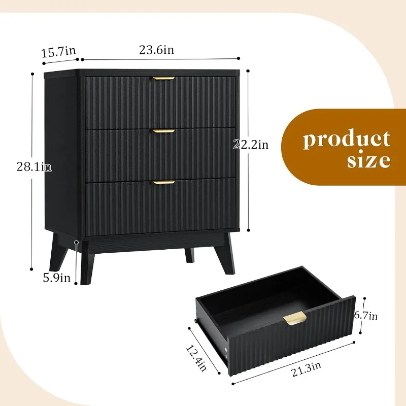 플루티드 나이트스탠드 3서랍 드레서, 모던 우드 침대 옆 테이블 곡선형 프로파일, 플루티드 드레서 & 우드 서랍