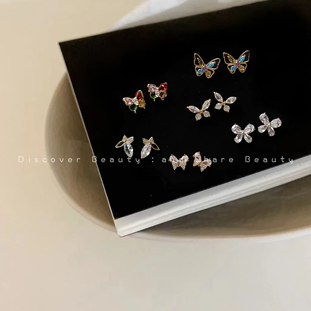 DIY accessories Cute and small colored butterfly stud earrings for women, Korean small fresh zircon earrings, fashionable niche
