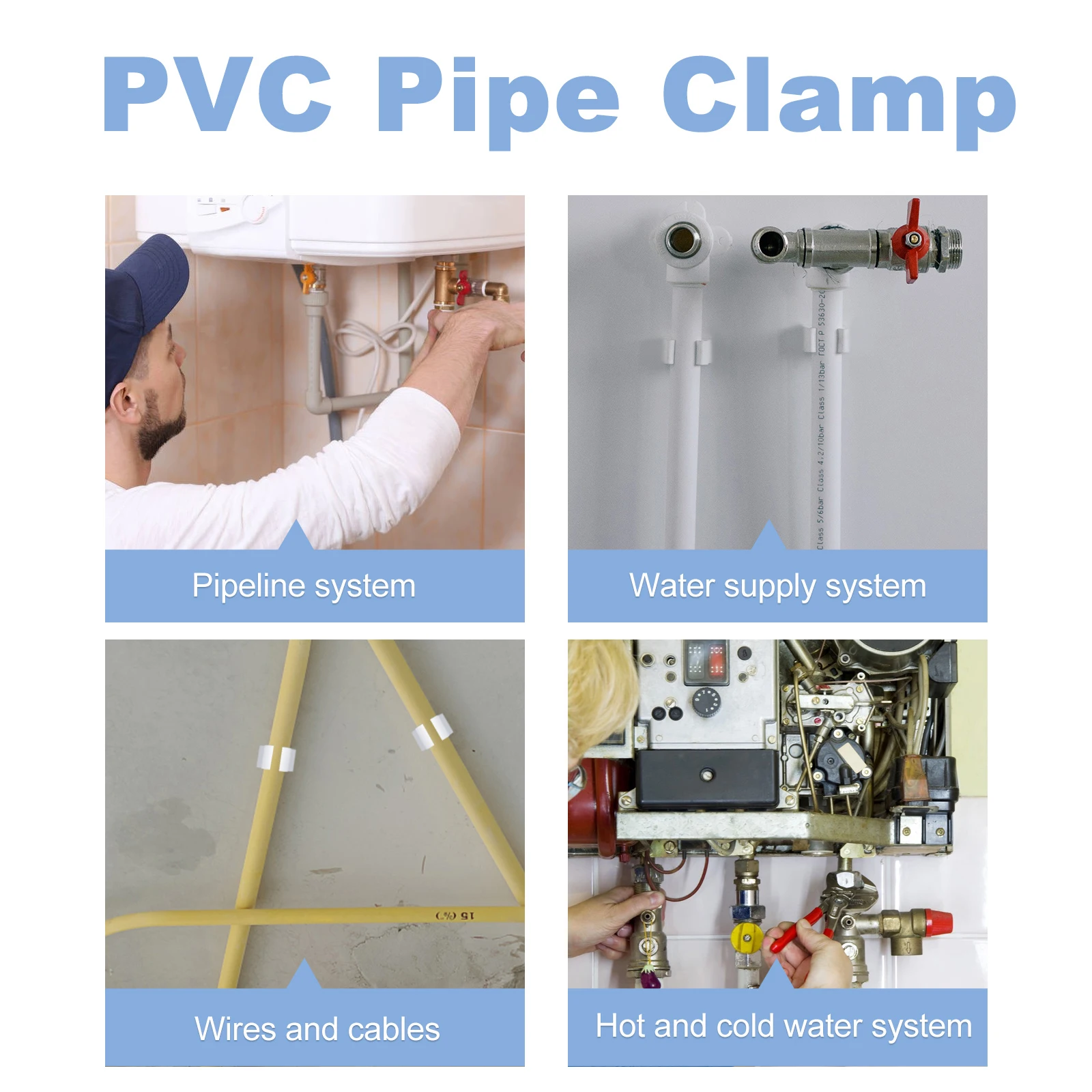 50pcs PVC Pipe Clamps U-Shaped 20mm Water Pipe Fixing Buckle Durable Wear Resistant Practical Mounting Hardware