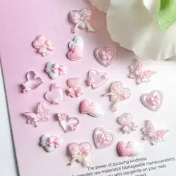 Nueva serie rosa, abalorios para uñas de resina con forma de corazón y lazo, 3D, luminoso, doble mariposa, corazón de melocotón, dulce viento, decoraciones artísticas para uñas DIY