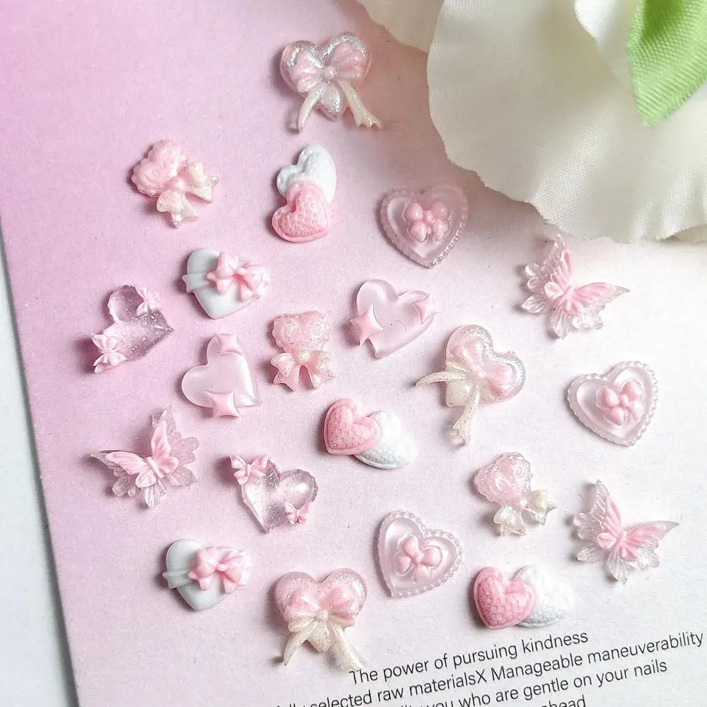 New Pink Series Bow Heart Resin Nail Charms 3D Luminous Double Butterfly Peach Heart Sweet Wind Nail Art Decorations DIY Nails