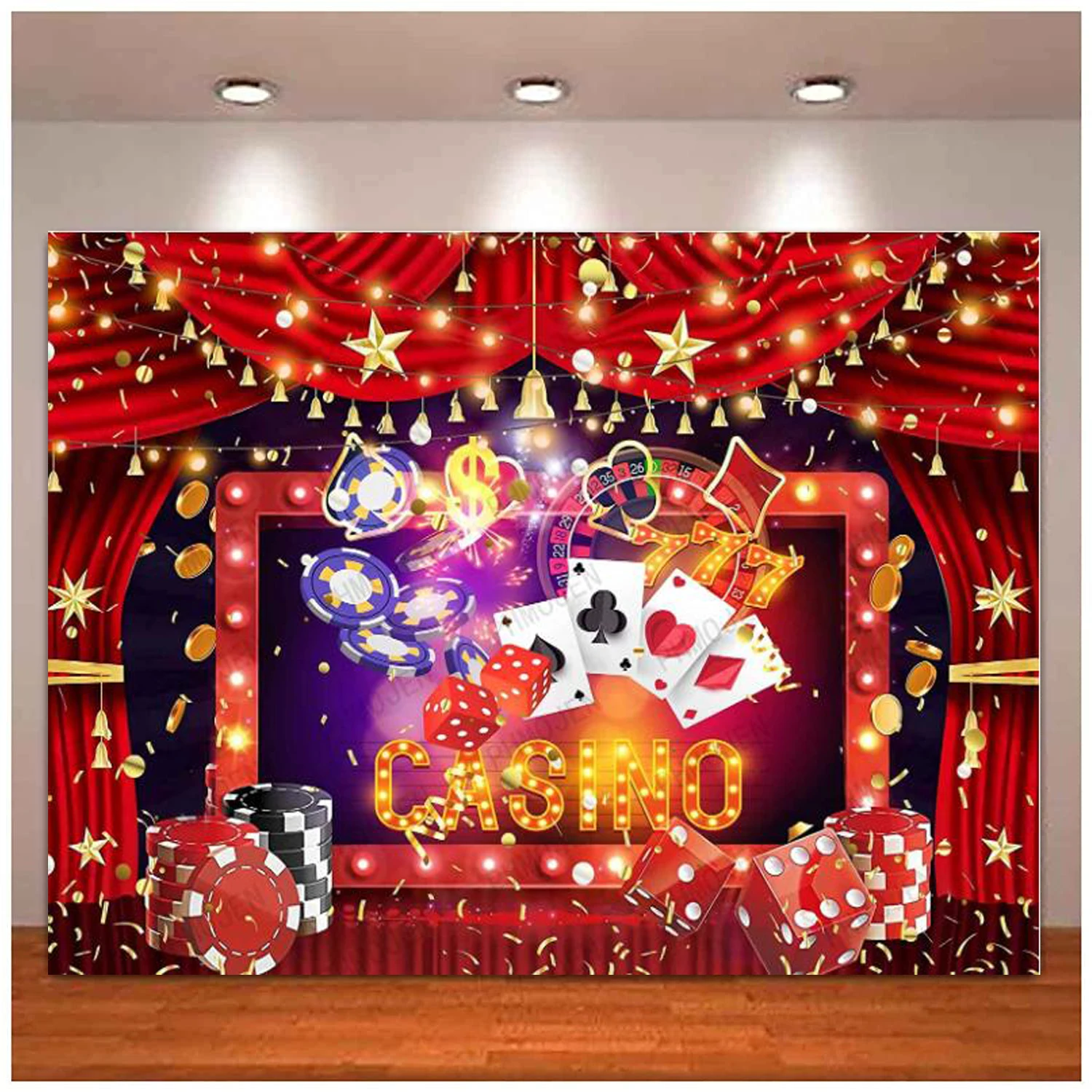 Casino Gambling Theme Photography Backdrop Chips Poker Dice Gold Coins Red Setting Dessert Table Banner Decoration Background