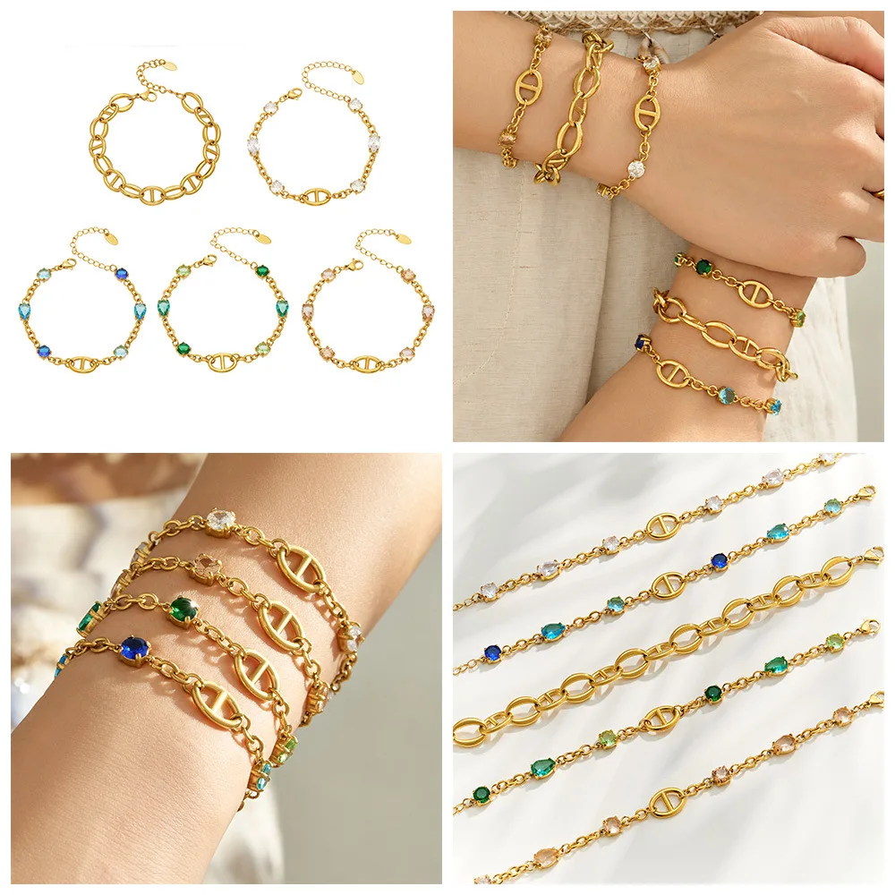 Zierliches Edelstahl-Kettenarmband, 18k vergoldete Armbänder, Schweinsnase-Charm-Armband, farbige Zirkon-Armbänder für Damen – Detail 1