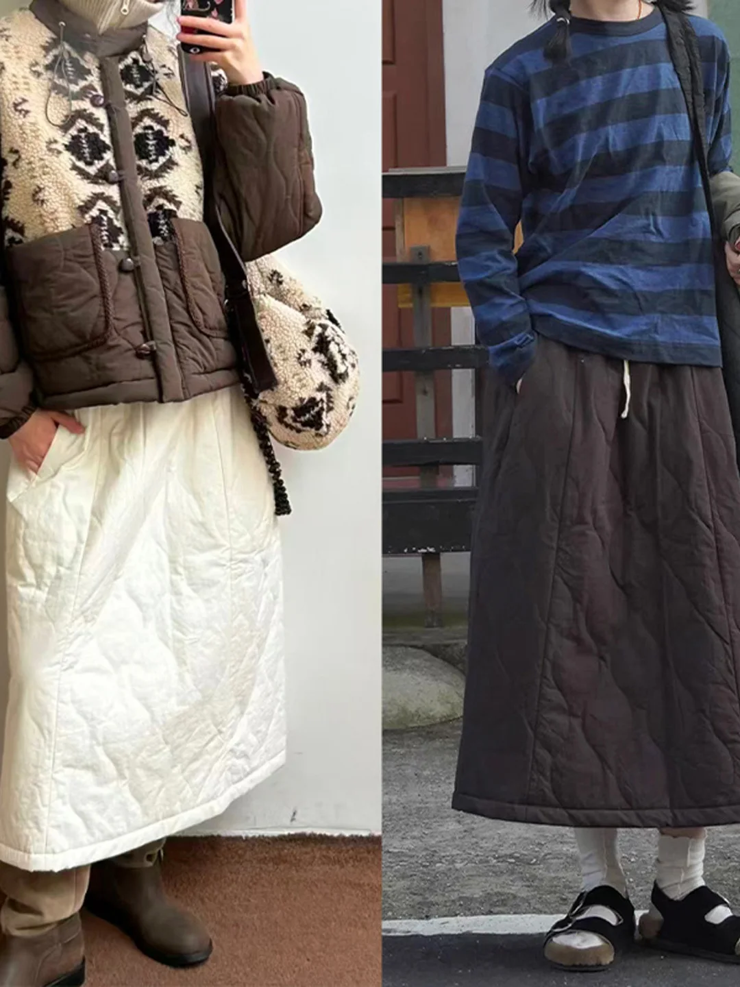 

Mid-Length A-Line Skirt with Stitching And Thiened Wave Pattern for Women Elastic Waist Casual Wear