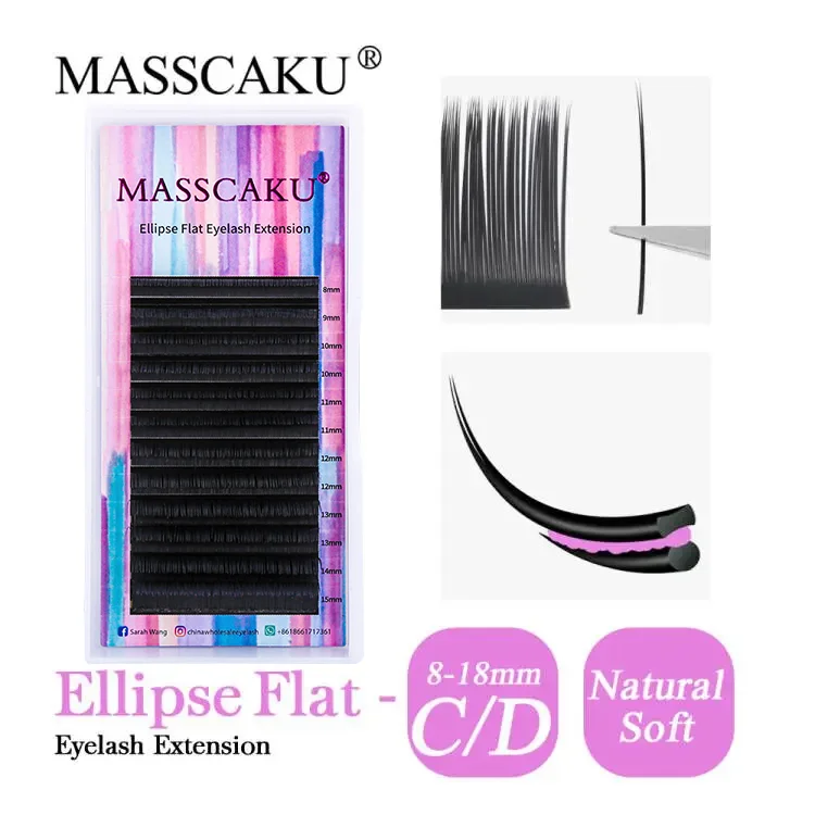 MASSCAKU Super Soft Ellipse Shape Lashes 0.15 0.20 ความหนาธรรมชาติ Faux Mink Eyelashes Extension โลโก้ที่กําหนดเอง Matte Flat Lashes