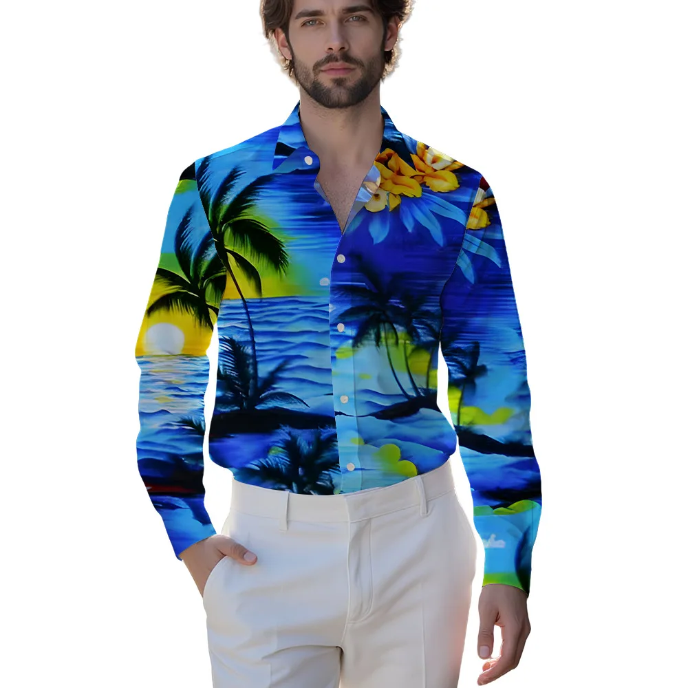 

2025 новый мужской гавайский отпускной стиль с 3D принтом, удобный и повседневный мужской топ с длинными рукавами и лацканами на пуговицах, топ больших размеров