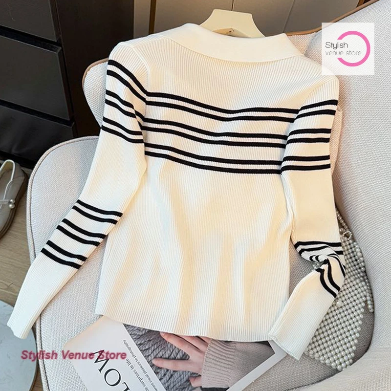 Korean chic Slim Striped Lapel Long Sleeve Knitwear Women's Spring and Autumn New Fashion Temperament Contrast Base Shirt Top
