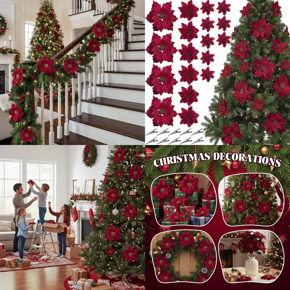 

18 Pcs 3 Size Velvet Glitter Christmas Poinsettia Flowers Artificial Poinsettia Flowers with Clips Christmas Tree Ornaments for