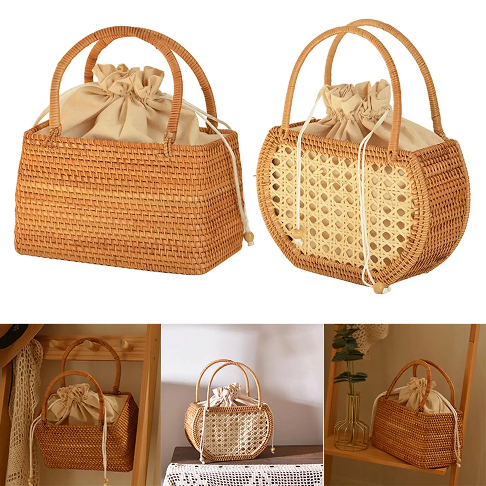 

Плетеная сумка из ротанга Соломенные сумки Плетеные корзины с верхней ручкой Сумки Ручная корзина в стиле бохо