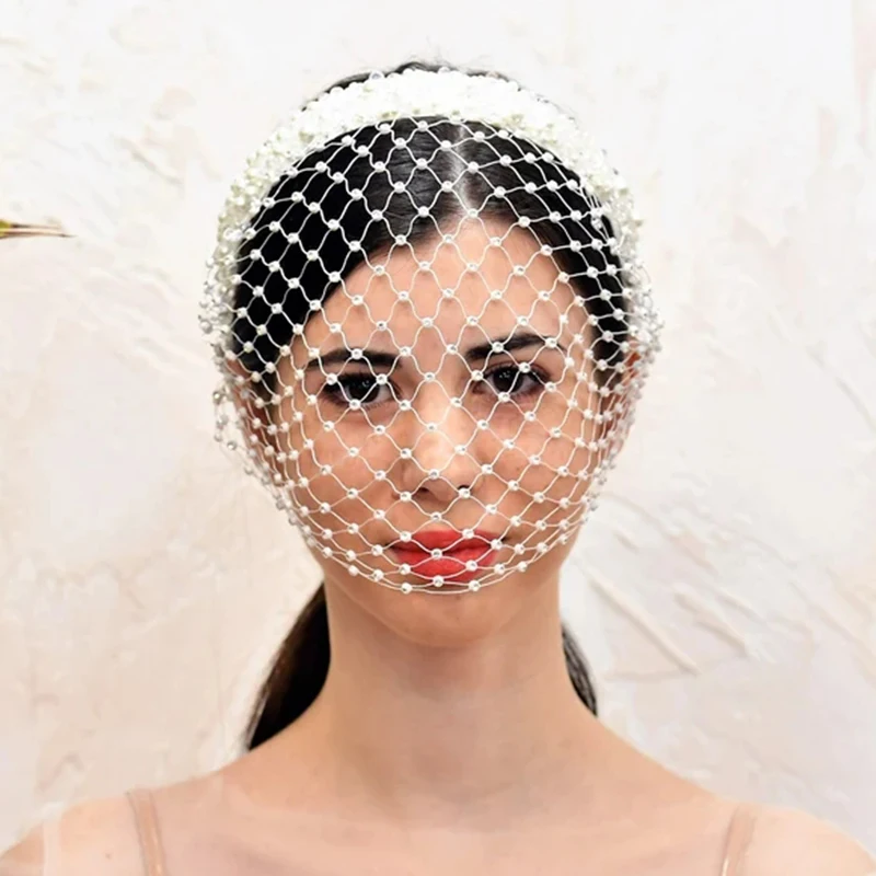 Birdcage Veil White Full Pearl Shiny Rhinestones French Veil Netting Headpiece Elegant Bridal Headband Veil for Face Fascinators