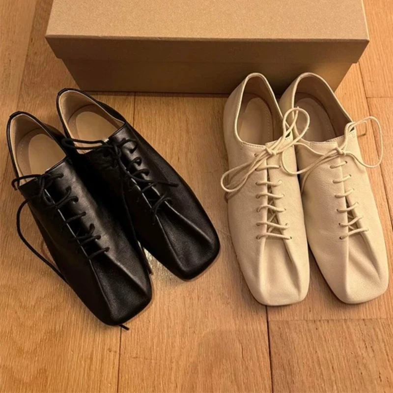 

Women's lace-up Derby Shoes Fashion square head white flats 2025 retro soft sole casual single shoes
