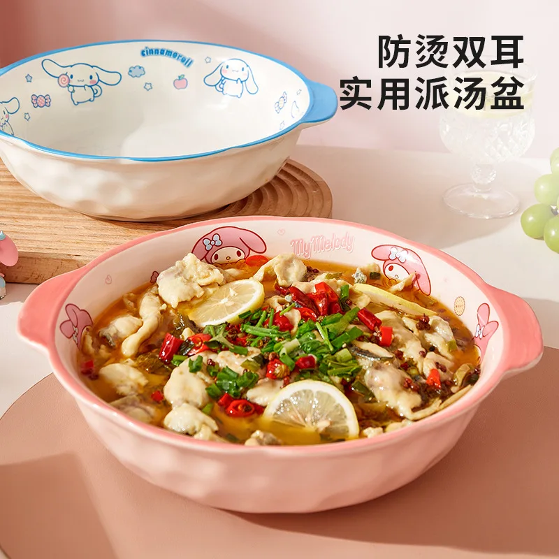 Sanrio Double Ear Soup Bowl Household Large Bowl High-End Ceramic  Melody Cinnamoroll Imation Derivatives Peripheral Products