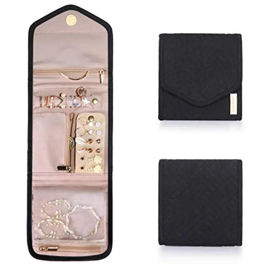 

Travel Jewelry Organizer Case Foldable Jewelry Roll for Journey Rings, Necklaces, Earrings, Bracelets, Mini, Black