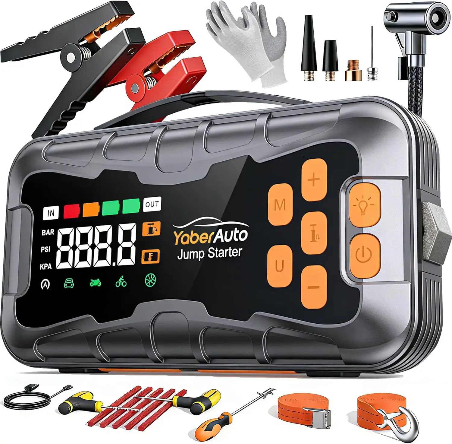 

8000A 16-in-1 Car Jump Starter with Air Compressor, 160PSI Tire Inflator, Power Bank & Emergency Kit for All Vehicles