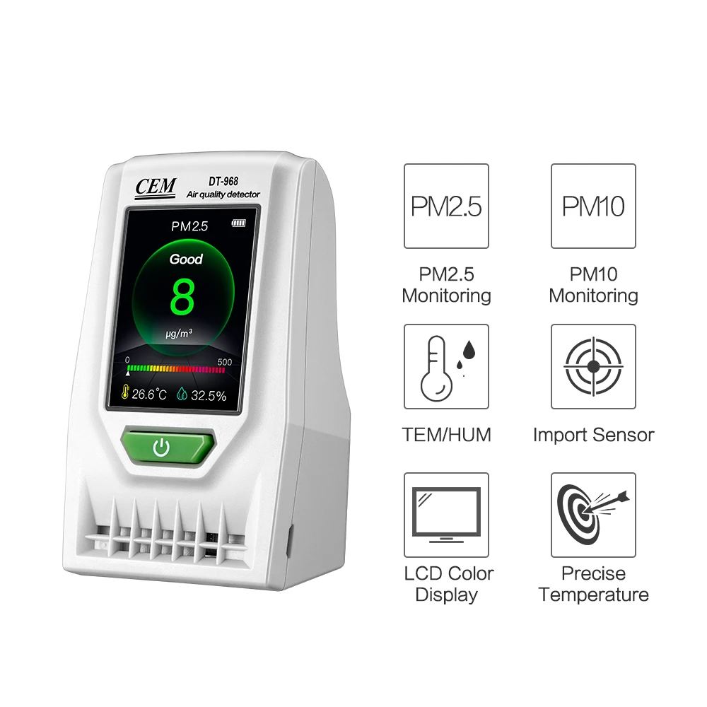 CEM DT-968 rilevatore di qualità dell'aria PM2.5 per interni monitoraggio in tempo reale PM2.5/PM10 con temperatura e umidità dell'aria