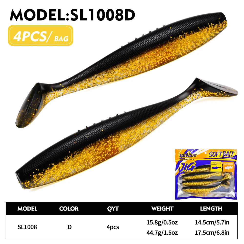Sunlure 4 Stück/Beutel T-Tail Paddle Weichköder Künstlicher Silikon-Glitzer-Swimbait 14,5/17,5 cm Weichköder für Bass-Salzwasserfischen Pesca