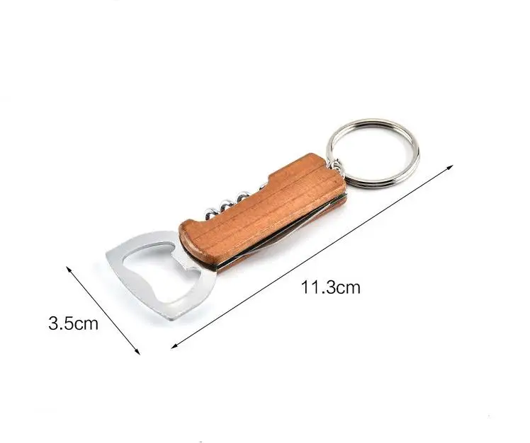 100Pcs Wooden Handle Bottle Opener Keychain Knife Pulltap Double Hinged Corkscrew Key Ring Bar Kitchen Tool ni570