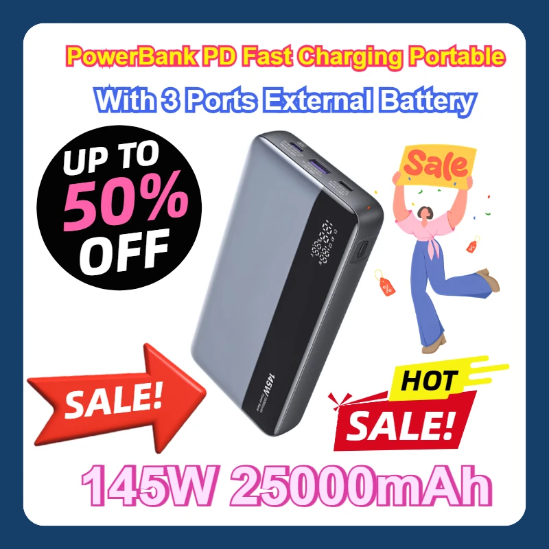 For MacBook Pro/Air IPhone and More 145W 25000mAh PowerBank PD Fast Charging Portable With 3 Ports External Battery