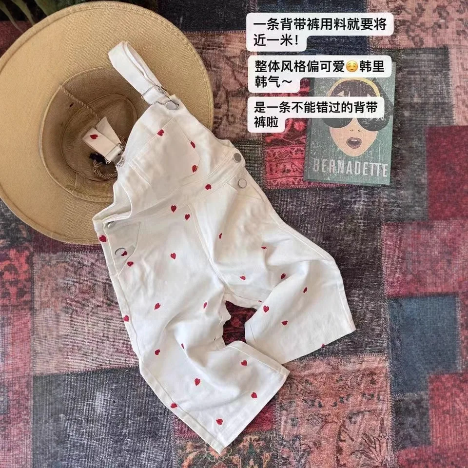 Spring and Autumn Fashion Korean Children's jumpsuit Girls' Strap Pants Cute Color blocked Love Pants