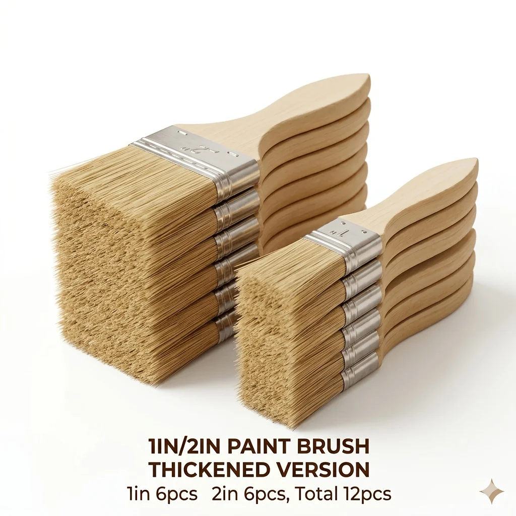 12Pcs Paint Brushes Set 1Inch & 2Inch Thickened Bristle Wooden Handle Chip Brushes for Painting Varnish Stain Wall Furniture DIY